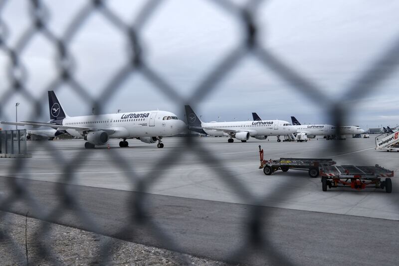 Aircraft operated by Lufthansa grounded at Munich International Airport, during the strike. Bloomberg