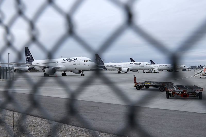 Aircraft operated by Lufthansa grounded at Munich International Airport, during the strike. Bloomberg