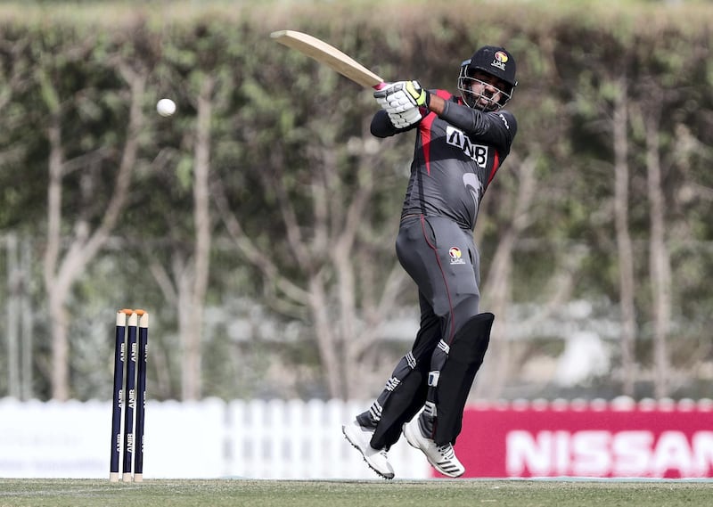 Dubai, United Arab Emirates - January 25, 2019: Muhammad Usman of the UAE bats in the the match between the UAE and Nepal in a one day internationl. Friday, January 25th, 2019 at ICC, Dubai. Chris Whiteoak/The National