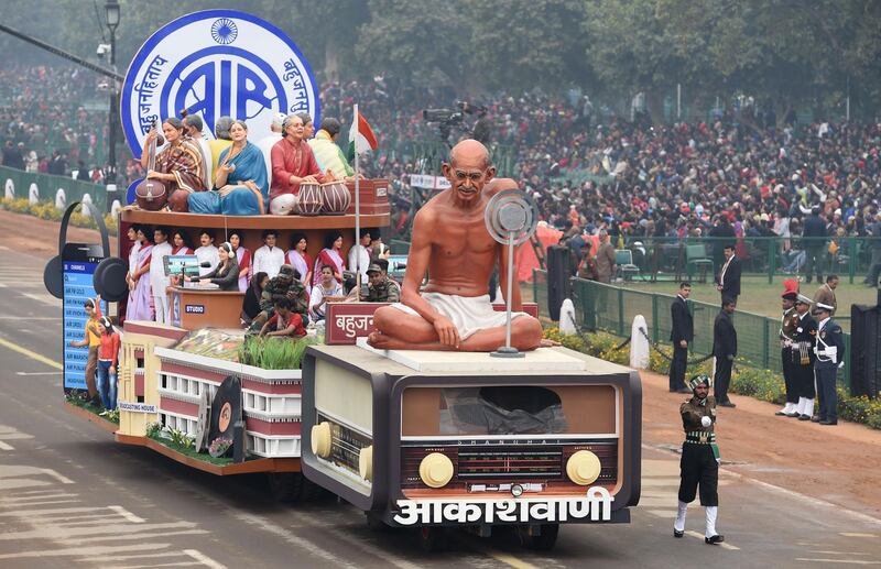 A float of the All India Radio takes part in the rehearsal parade. Money Sharma / AFP Photo