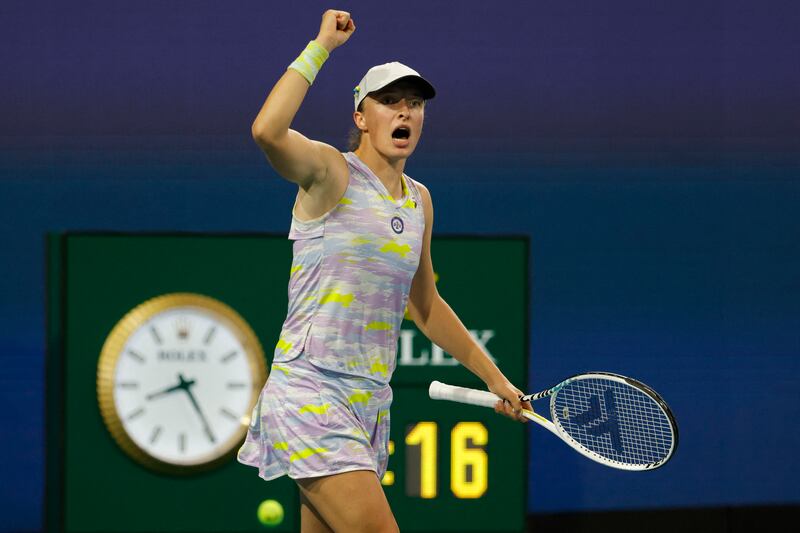 Iga Swiatek celebrates after beating Petra Kvitova in the Miami Open quarter-finals. Reuters