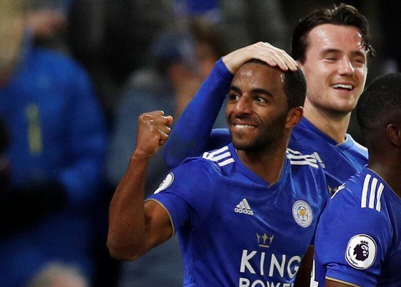 Leicester City's Ricardo Pereira celebrates scoring their second goal with Ben Chilwell. Reuters