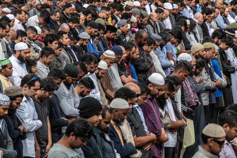 CHRISTCHURCH, NEW ZEALAND - MARCH 22: Muslims attend Friday prayers in a park near Al Noor mosque on March 22, 2019 in Christchurch, New Zealand. Getty Images