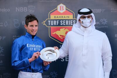 Godolphin’s Silent Film ridden by James Doyle took the ninth leg of the Bahrain Turf Series, the seven furlong Al Sakhir Cup. Photo: Bahrain Turf Club