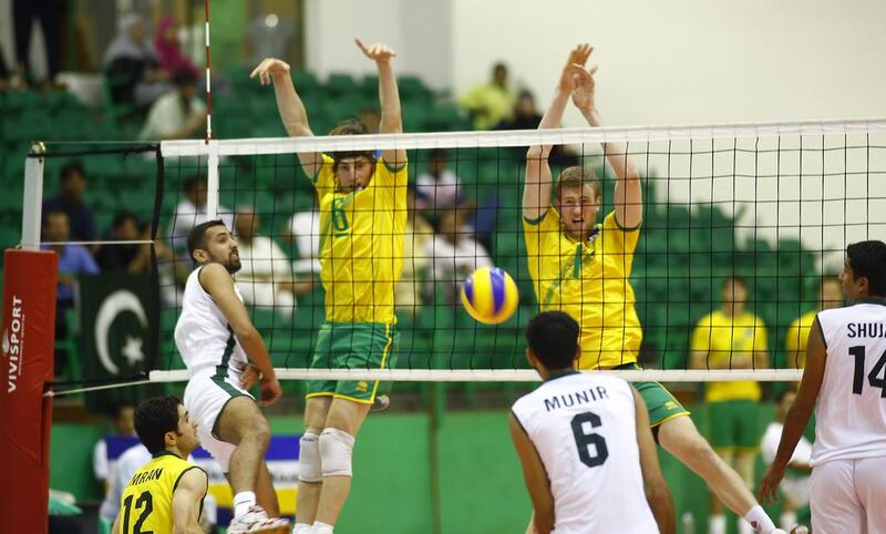 Pakistan facing Australia at a tournament in Dubai in September 2011. The Pakistan team were shocked to hear that a request had been made by a parallel national association to not allow them to compete at the Asian Volleyball Championship in Abu Dhabi on September 28, 2013. Mike Young / The National