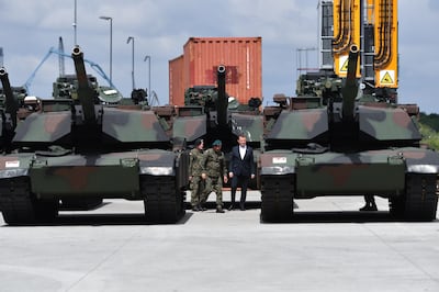 Polish Defence Minister Mariusz Blaszczak during the handover of the first batch of American M1A1 Abrams tanks. EPA