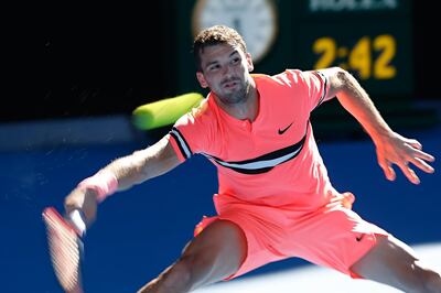 MELBOURNE, AUSTRALIA - JANUARY 23:  Grigor Dimitrov of Bulgaria plays a forehand in his quarter-final match against Kyle Edmund of Great Britain on day nine of the 2018 Australian Open at Melbourne Park on January 23, 2018 in Melbourne, Australia.  (Photo by Paul Rovere/Getty Images)
