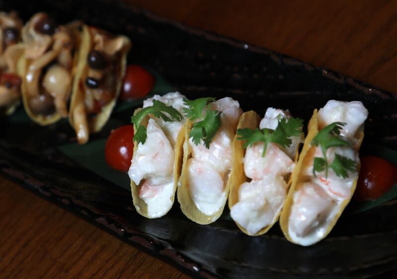 Shimeji tacos spicy ponzu and shrimp tacos wasbi sour cream