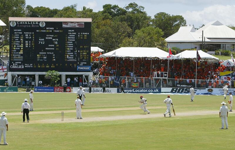 ST JOHNS, ANTIGUA - APRIL 12:  Brian Lara of the West Indies takes the single run to take his score past the previous world record, that of Matthew Hayden on 380, during day three of the 4th Test match between the West Indies and England at the Recreation Ground on April 12, 2004 in St Johns, Antigua. (Photo by Tom Shaw/Getty Images) 