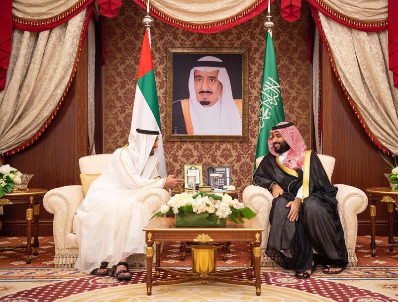 Abu Dhabi's Crown Prince Sheikh Mohammed bin Zayed al-Nahyan meets with Saudi Crown Prince Mohammed bin Salman during the Saudi-UAE Summit in Jeddah, Saudi Arabia, June 6, 2018. Picture taken June 6, 2018. Bandar Algaloud/Courtesy of Saudi Royal Court/Handout via REUTERS ATTENTION EDITORS - THIS PICTURE WAS PROVIDED BY A THIRD PARTY