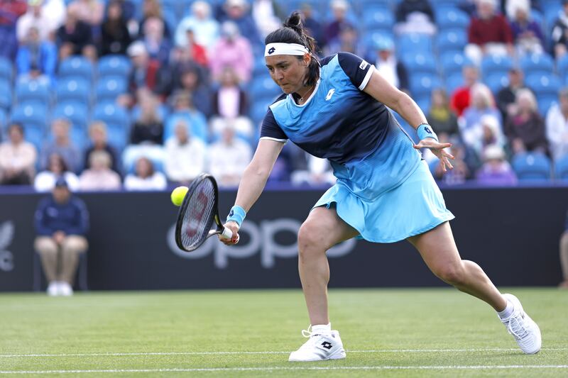 Ons Jabeur during her round of 16 doubles match with Serena Williams at Devonshire Park, Eastbourne. PA