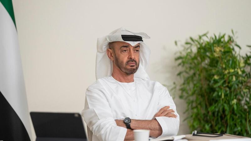 Sheikh Mohamed bin Zayed, Crown Prince of Abu Dhabi and Deputy Supreme Commander of the UAE Armed Forces, during the virtual G20 Leaders Summit. Courtesy - Ministry of Presidential Affairs