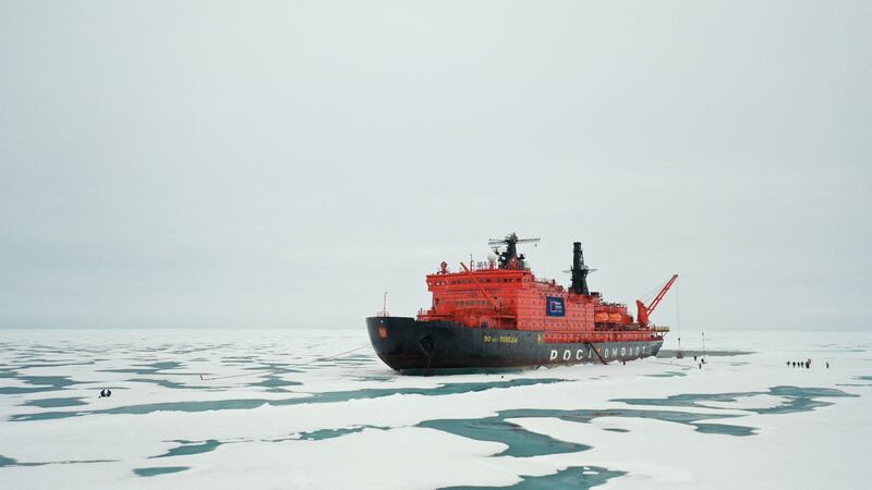 The Russian "50 Years of Victory" nuclear-powered icebreaker is seen at the North Pole on August 18, 2021.AFP