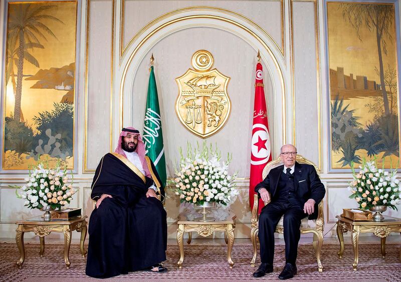 Saudi Crown Prince Mohammad Bin Salman being welcomed by the Tunisian President Beji Caid Essebsi. EPA