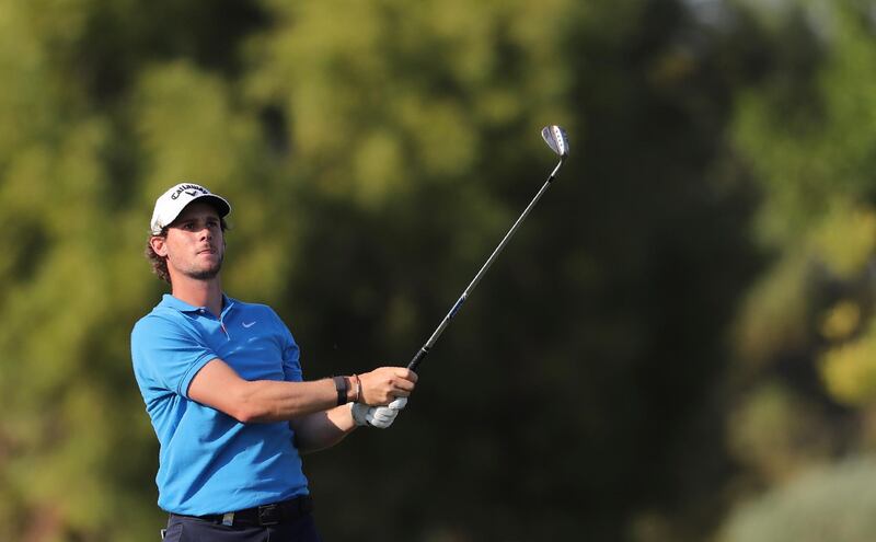 Thomas Pieters of Belgium plays a shot on the 16th hole during the third round of the DP World Tour Championship. AP