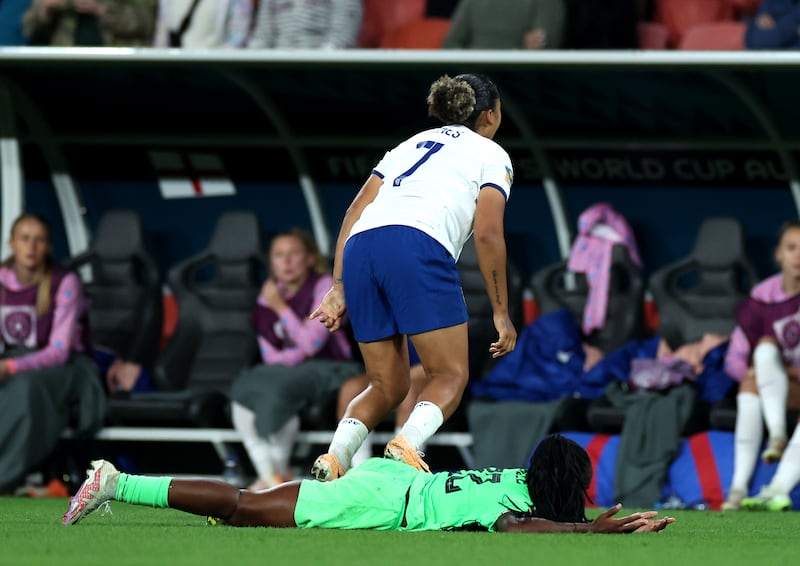 England's Lauren James stamps on Nigeria's Michelle Alozie before being sent off. PA 