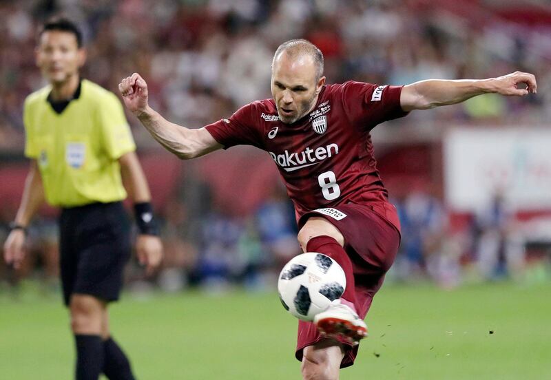 Vissel Kobe's Andres Iniesta tries to score a goal against Shonan Bellmare in the second half of their J-League soccer league match in Kobe, western Japan, Sunday, July 22, 2018. Iniesta made his J-League debut on Sunday.(Takumi Sato/Kyodo News via AP)