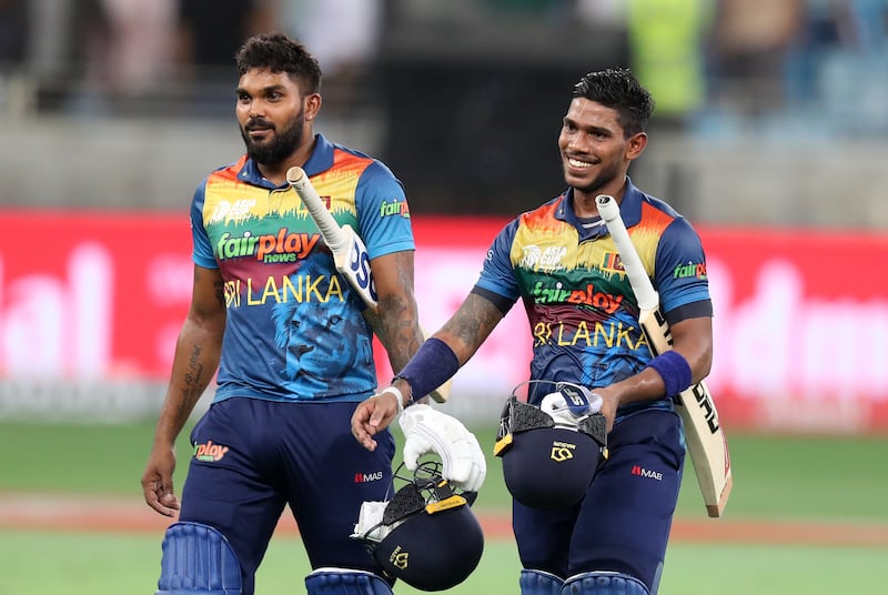 Sri Lanka's Pathum Nissanka, right, and Wanindu Hasaranga after the win over Pakistan in their Asia Cup match in Dubai on Friday, September 9, 2022. All photos: Chris Whiteoak / The National