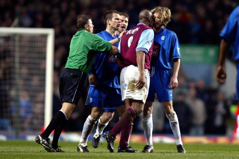 Aston Villa's Dion Dublin headbutts Birmingham City's Robbie Savage which results in Dion Dublin being sent off  (Photo by Mike Egerton/EMPICS via Getty Images)