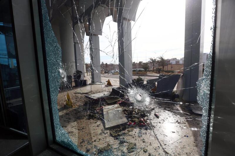 The entrance of the Corinthia Hotel in Triploi, Libya on January 29, 2015, a day after it was targeted by a car bomb and stormed by three armed men.EPA