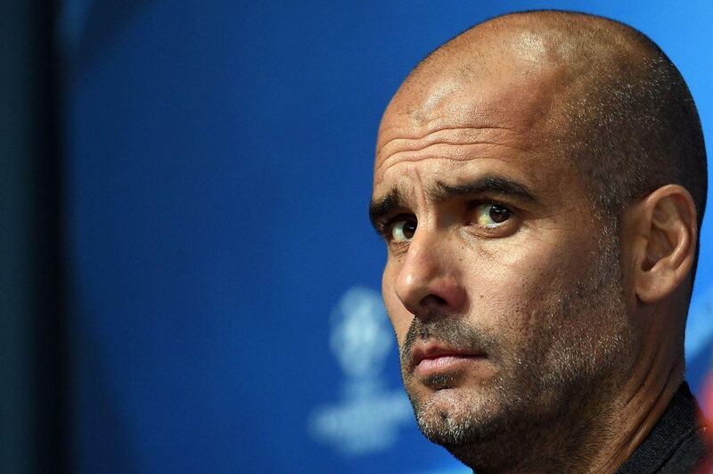 Manchester City's Pep Guardiola at a Monday press conference in Manchester. Paul Ellis / AFP