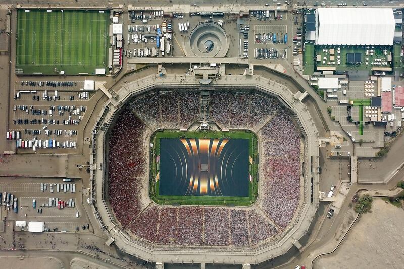 Aerial view of the stadium during the pre-game show of the Copa Libertadores final between Flamengo and River Plate at Estadio Monumental in Peru, on Saturday, November 23. Getty