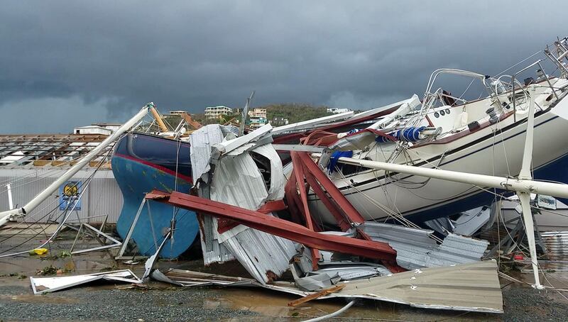 This image made from video shows damage from Hurricane Irma in St. Thomas, U.S. Virgin Islands, Thursday, Sept. 7, 2017. Hurricane Irma weakened slightly Thursday with sustained winds of 175 mph, according to the National Hurricane Center. The storm boasted 185 mph winds for a more than 24-hour period, making it the strongest storm ever recorded in the Atlantic Ocean. The storm was expected to arrive in Cuba by Friday. It could hit the Florida mainland by late Saturday, according to hurricane center models. (AP Photo/Ian Brown)