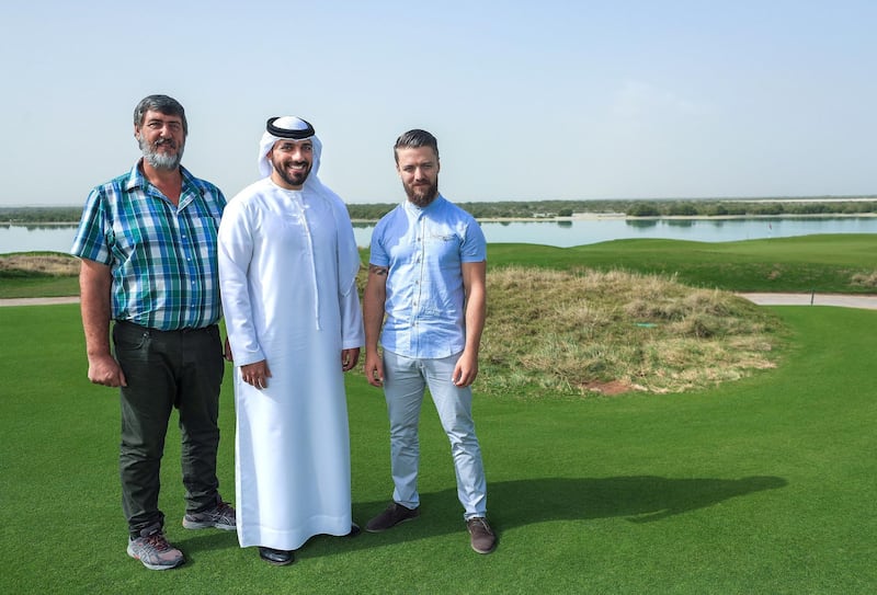 Abu Dhabi, U.A.E., January 23, 2019.  
Brief: South African father and son duo – Marius and Frederik Langenhoven, and their hands-on Emirati partner Omar Al Hosani shot Yas Links Golf Club on Yas Island in Abu Dhabi.
 Victor Besa / The National
Section:  IF
Reporter:  Ann Marie McQueen