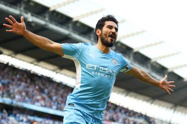 MANCHESTER, ENGLAND - AUGUST 28: Ilkay Gundogan of Manchester City celebrates after scoring his team's first goal during the Premier League match between Manchester City and Arsenal at Etihad Stadium on August 28, 2021 in Manchester, England. (Photo by Catherine Ivill / Getty Images)