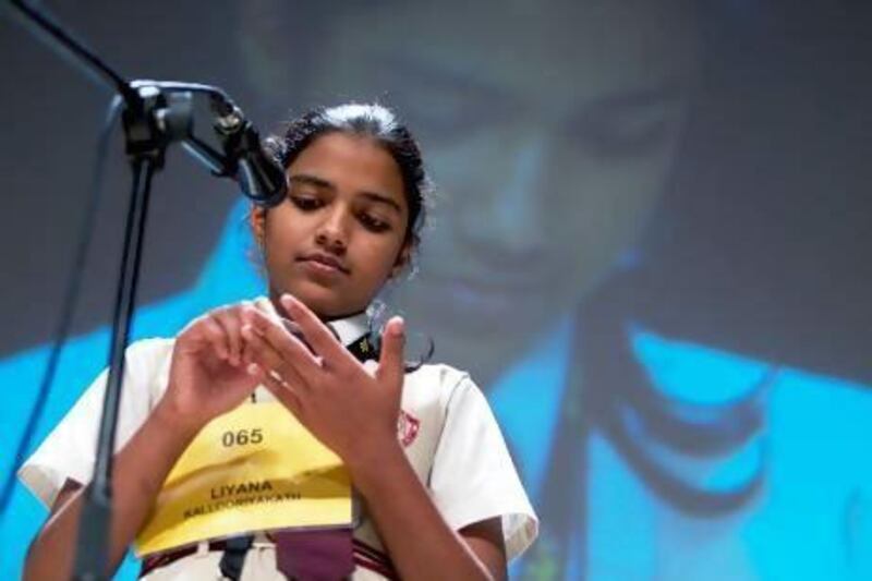 Liyana Kallooriyakath competes in the semi-finals of the first Dubai Spelling Bee Championship at the Jumeirah Beach Hotel's Meyana Auditorium.