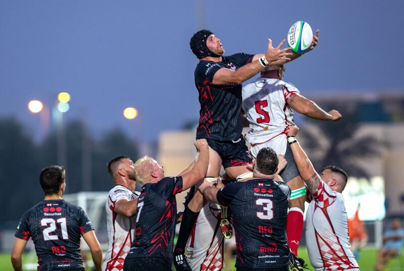 Jaen Botes of the Dubai Exiles recieves the ball during the Premiership against the Abu Dhabi Harlequins at Zayed Sports City rugby fields.