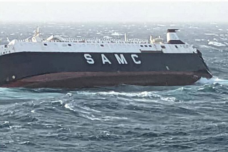 An Emirati ship is seen sinking 30 miles from Assaluyeh in the Persian Gulf, Iran, March 17, 2022.  Iran Ports organization/WANA (West Asia News Agency)/Handout via REUTERS ATTENTION EDITORS - THIS IMAGE HAS BEEN SUPPLIED BY A THIRD PARTY. 