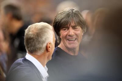 MUNICH, GERMANY - SEPTEMBER 06:  Joachim Low, Manager of Germany speaks to Didier Deschamps, Manager of France prior to the UEFA Nations League Group A match between Germany and France at Allianz Arena on September 6, 2018 in Munich, Germany.  (Photo by Adam Pretty/Bongarts/Getty Images)