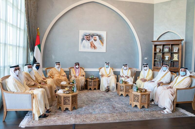 The groom's family receives a video call from Sheikh Mohamed bin Zayed, Crown Prince of Abu Dhabi and Deputy Supreme Commander of the Armed Forces, and Sheikh Theyab bin Mohamed, chairman of the Abu Dhabi Crown Prince’s Court. Courtesy: Sheikh Mohamed bin Zayed Twitter