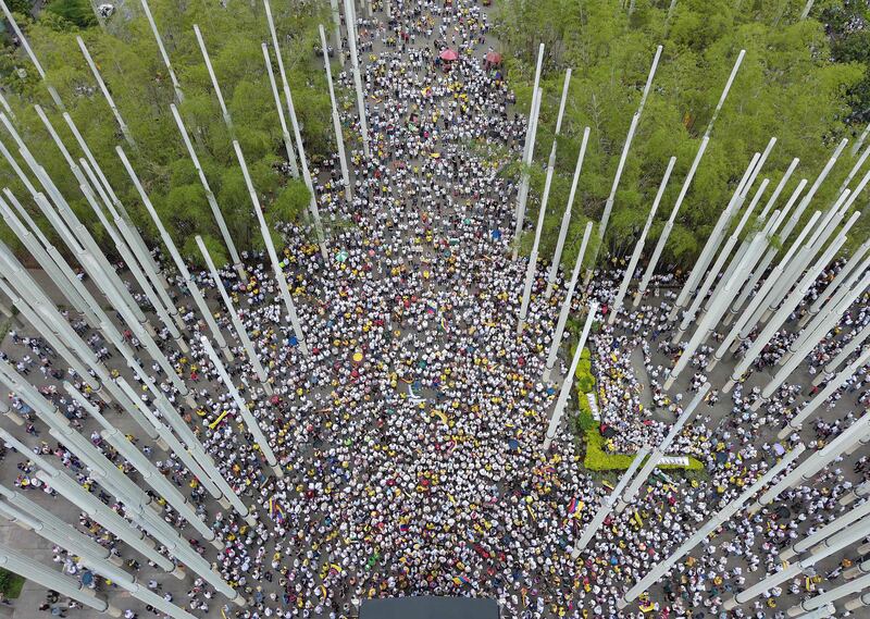 An aerial view of a protest against President Gustavo Petro and his government's health and pension reforms, in Medellin, Colombia. AFP