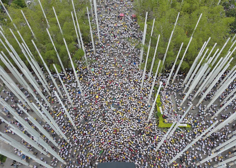 An aerial view of a protest against President Gustavo Petro and his government's health and pension reforms, in Medellin, Colombia. AFP
