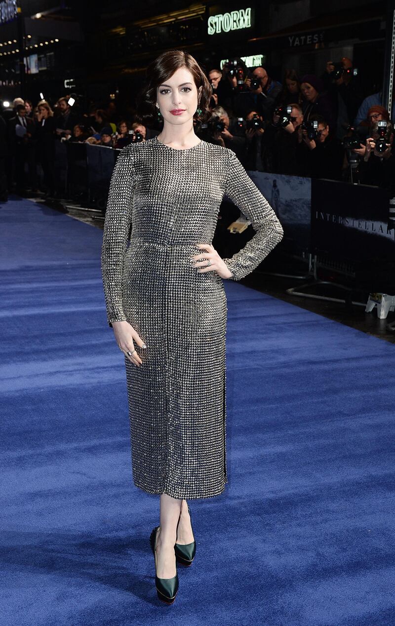 LONDON, ENGLAND - OCTOBER 29:  Anne Hathaway attends the European premiere of "Interstellar" at Odeon Leicester Square on October 29, 2014 in London, England.  (Photo by Dave J Hogan/Getty Images)