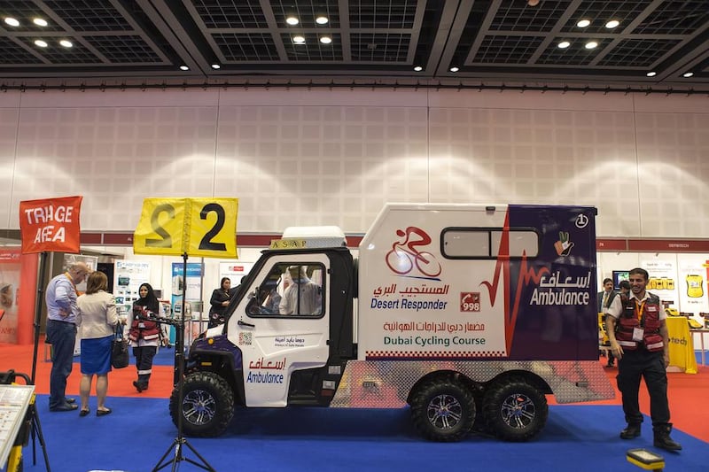 The Desert Responder ambulance, dedicated to assisting injured and unwell cyclists in the desert, will be used for the first time on the Nad Al Sheba cycling course. Reem Mohammed / The National  