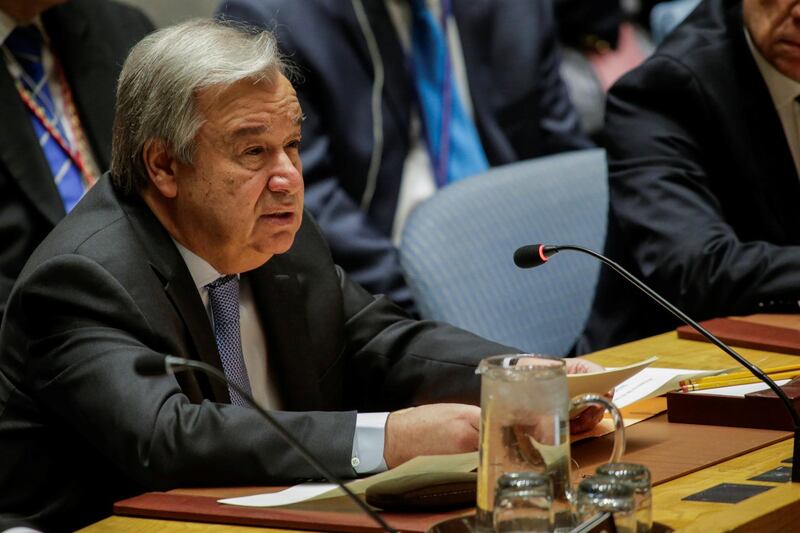 United Nations Secretary-General Antonio Guterres speaks during the United Nations Security Council meeting on Syria at the U.N. headquarters in New York, U.S., April 13, 2018. REUTERS/Eduardo Munoz