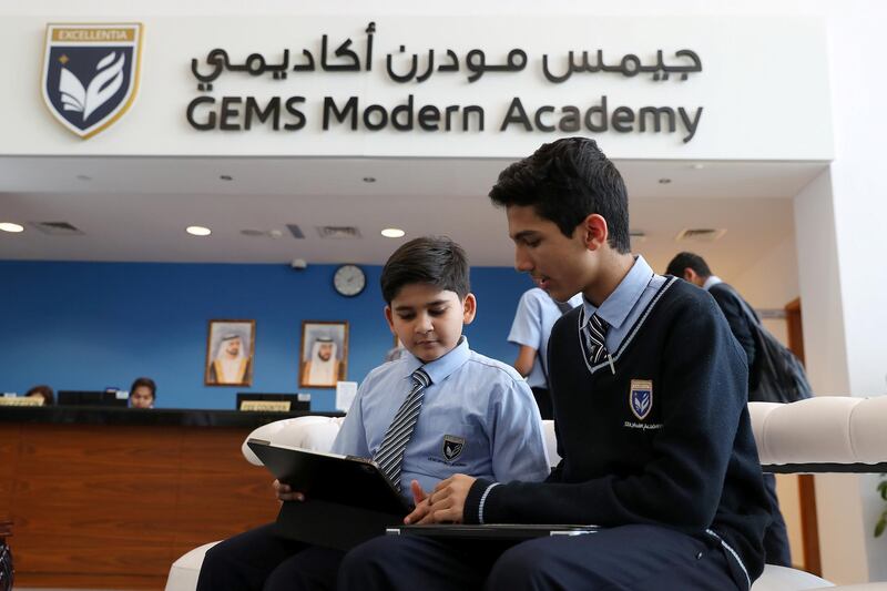 DUBAI ,  UNITED ARAB EMIRATES , JUNE 11 – 2019 :- Left to Right – Arham Jain and Muhammed Hafesjee , grade 8 student of GEMS Modern Academy developed the GMA lost and found website at the GEMS Modern Academy in Dubai. ( Pawan Singh / The National ) For News. Story by Anam