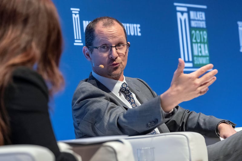 ABU DHABI, UNITED ARAB EMIRATES. 12 FEBRUARY 2019. Panel discussion on Workforce at the Milken Institute 2019 MENA Summit. LtoR: Mina Al-Oraibi, Editor in Chief The National, Jeff Maggioncalda, Coursera. (Photo: Antonie Robertson/The National) Journalist: John Dennehy. Section: National.