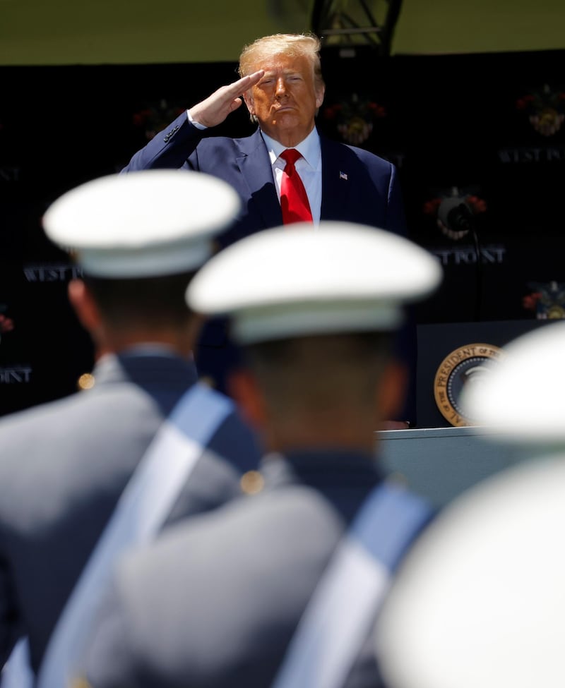 U.S. President Donald Trump salutes West Point graduating cadets during their 2020 United States Military Academy Graduation Ceremony at West Point, New York, U.S., June 13, 2020.  REUTERS/Mike Segar