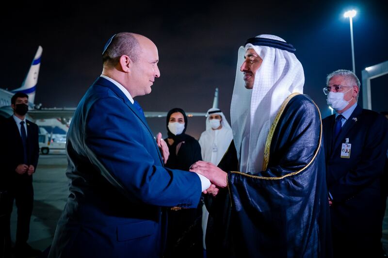 Israeli Prime Minister Naftali Bennett is welcomed to Abu Dhabi by Sheikh Abdullah bin Zayed, UAE Minister of Foreign Affairs and International Co-operation. Wam