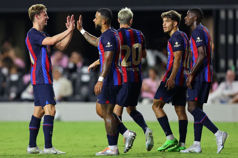 Barcelona players celebrate their sixth goal scored by Ousmane Dembele. Getty
