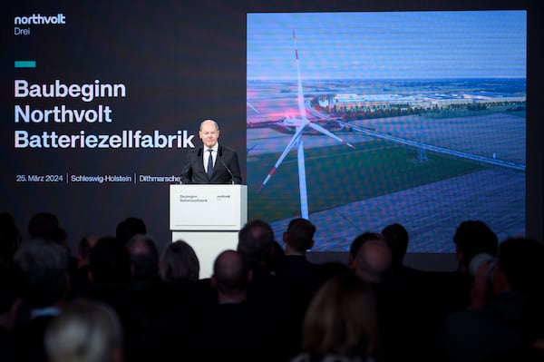 German Chancellor Olaf Scholz speaks at a press event prior to the ground-breaking for the new Northvolt gigafactory. Getty Images