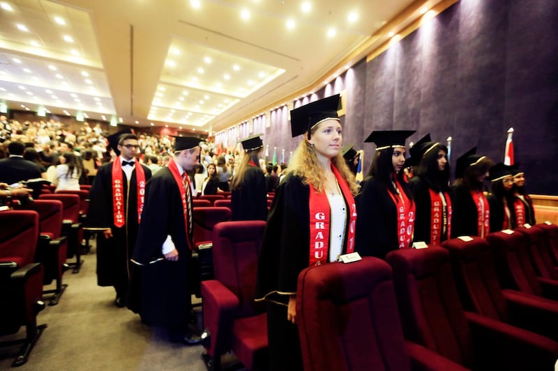 Dubai, May 30, 2013 - Students from Dubai International Academy prepare to graduate at the 5th IB Diploma Graduation Ceremony at American University  in Dubai, May 30, 2013. (Photo by: Sarah Dea/The National)

