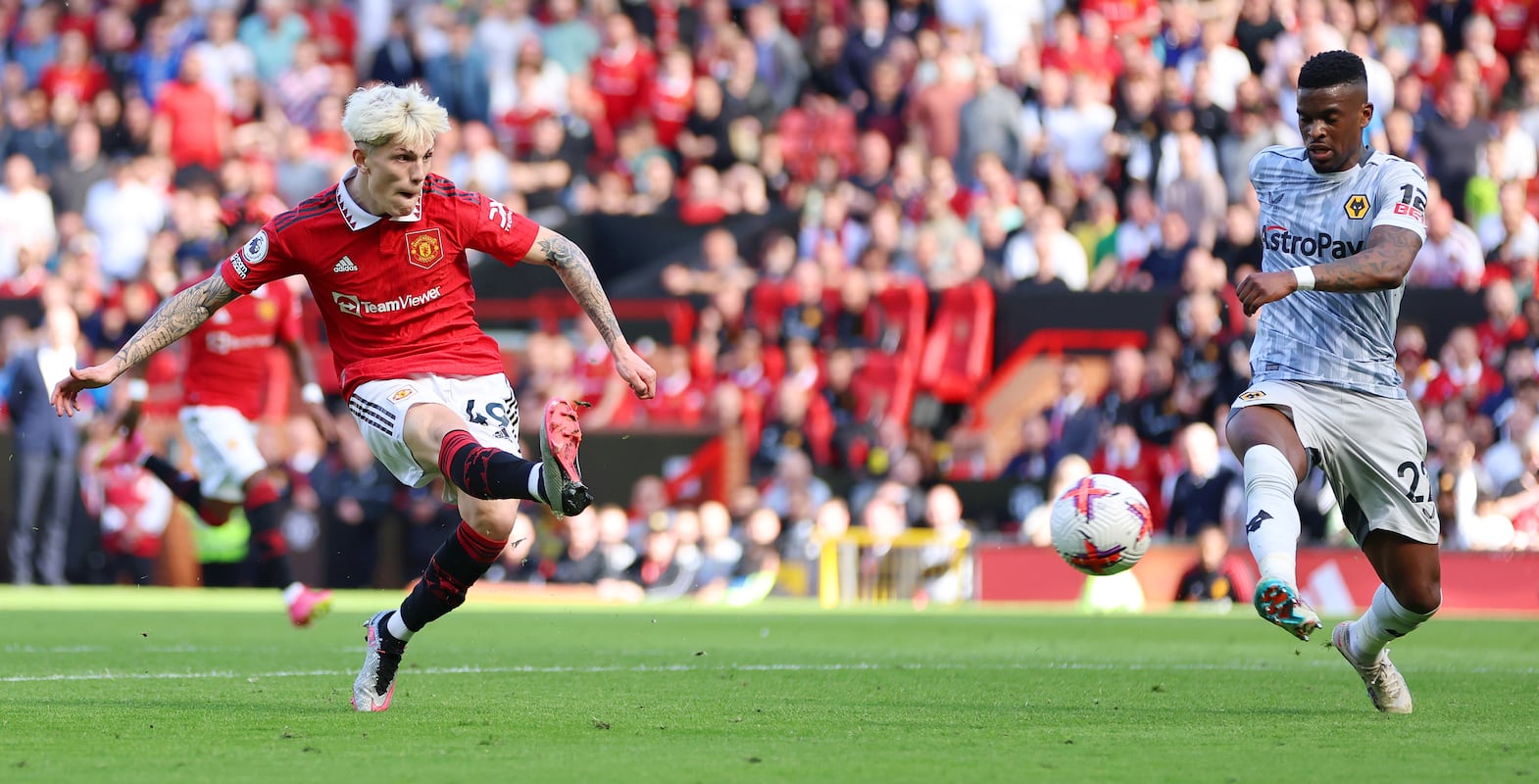 Alejandro Garnacho scores Manchester United's second goal in their win over Wolves at Old Trafford on May 13, 2023. Getty