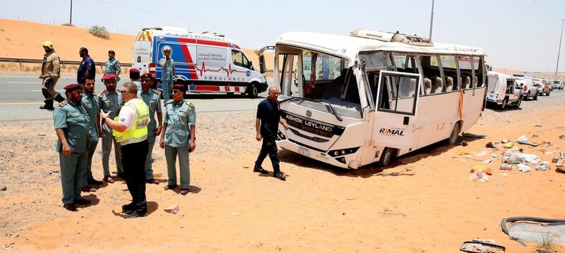 A bus carrying around 30 passengers swerved off the road, killing two people. Courtesy Ras Al Khaimah Police