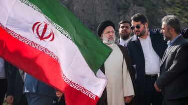 Iranian President Ebrahim Raisi at the site of Qiz Qalasi, the third dam jointly built by Iran and Azerbaijan on the Aras River, before its inauguration ceremony. AFP