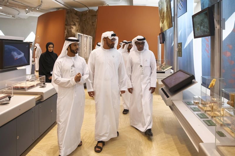 AL AIN, UNITED ARAB EMIRATES - January 17, 2019: HH Sheikh Mohamed bin Zayed Al Nahyan, Crown Prince of Abu Dhabi and Deputy Supreme Commander of the UAE Armed Forces (C), tours the Sheikh Zayed Desert Learning Centre (SZDLC), at the Al Ain Zoo. Seen with Ghanim Al Hajeri, Director General of Al Ain Zoo (R).

( Mohammed Al Blooshi )
---